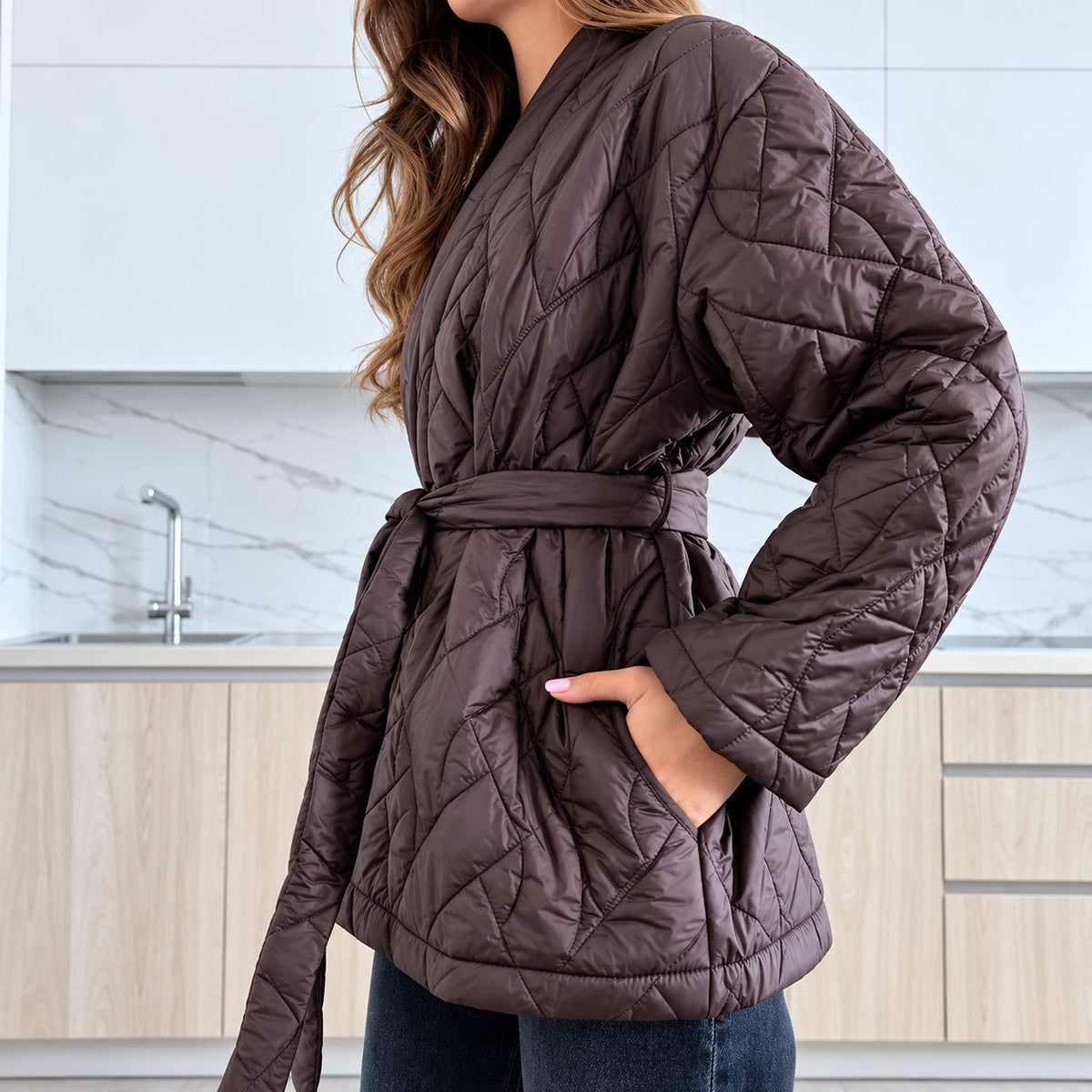 Prešívaná kimono bunda – čokoládová