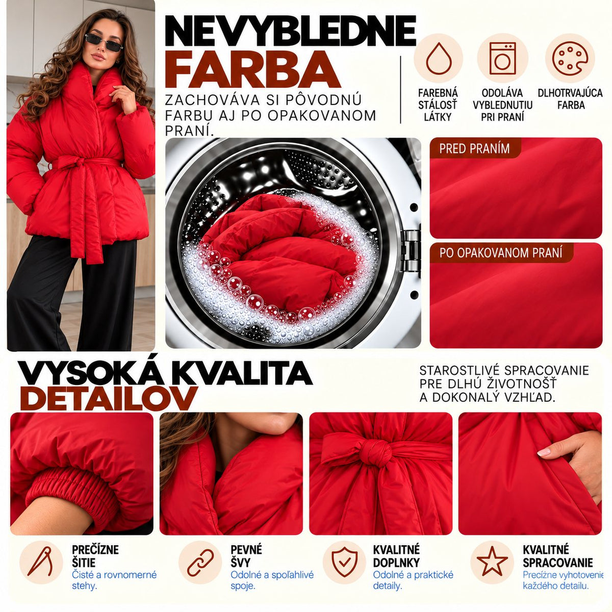 Prešívaná bunda PUFFER s opaskom – červená
