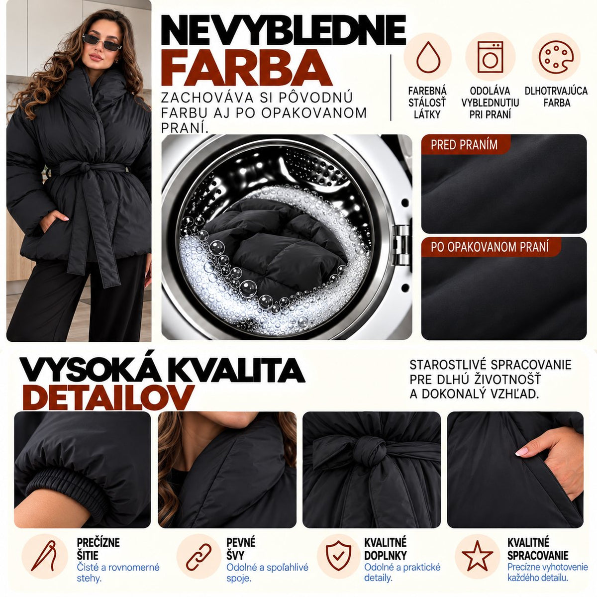 Prešívaná bunda PUFFER s opaskom – čierna