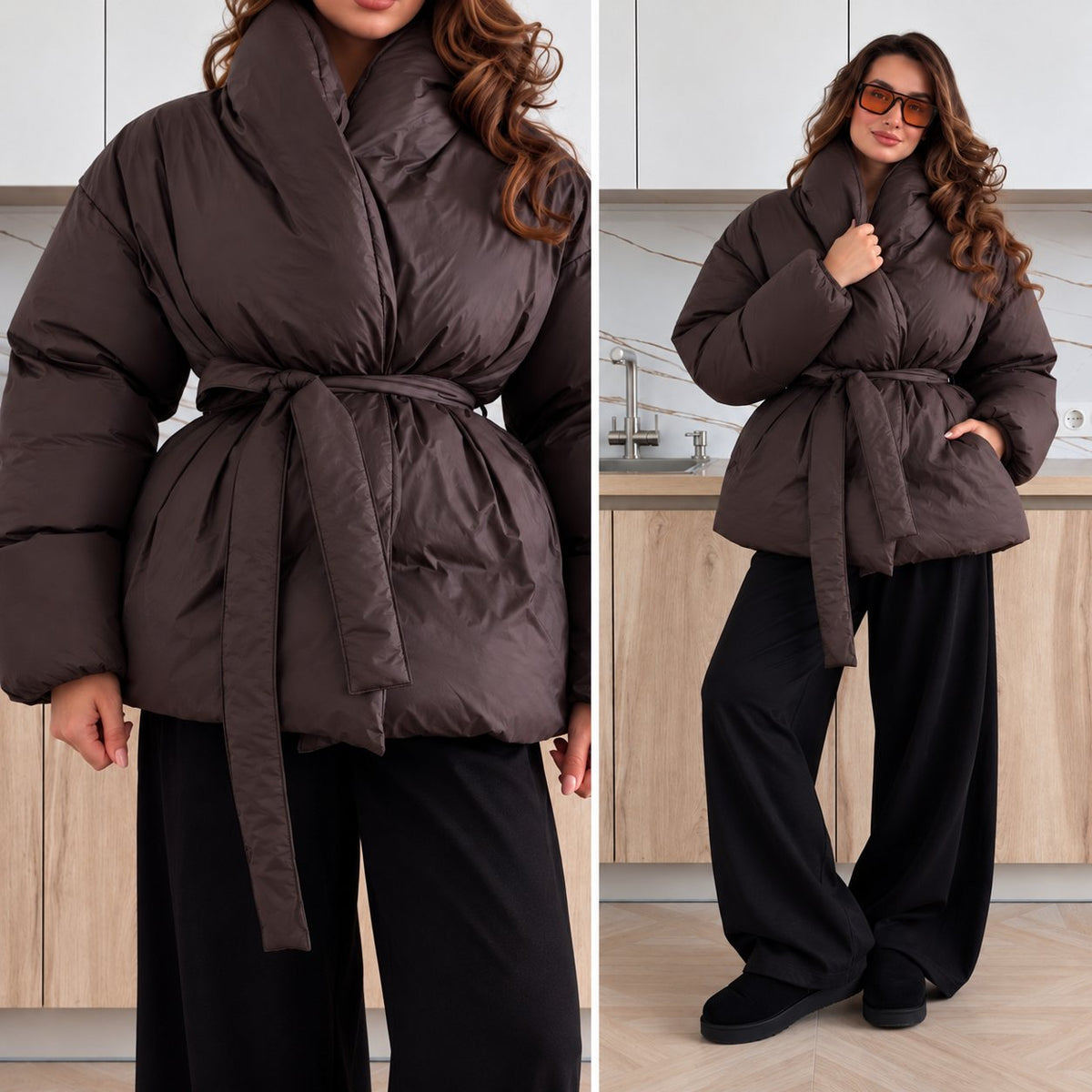 Prešívaná bunda PUFFER s opaskom – čokoládová