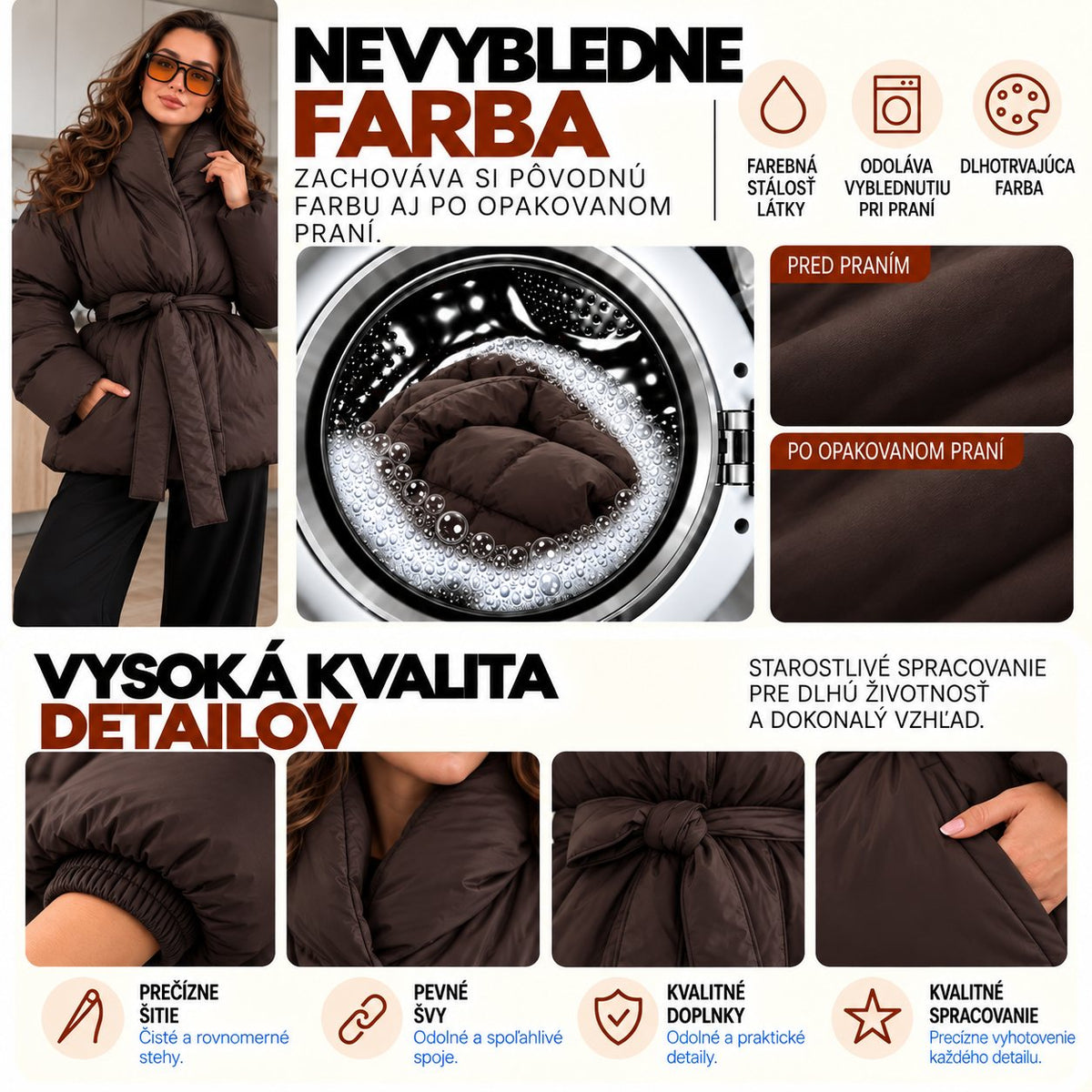 Prešívaná bunda PUFFER s opaskom – čokoládová