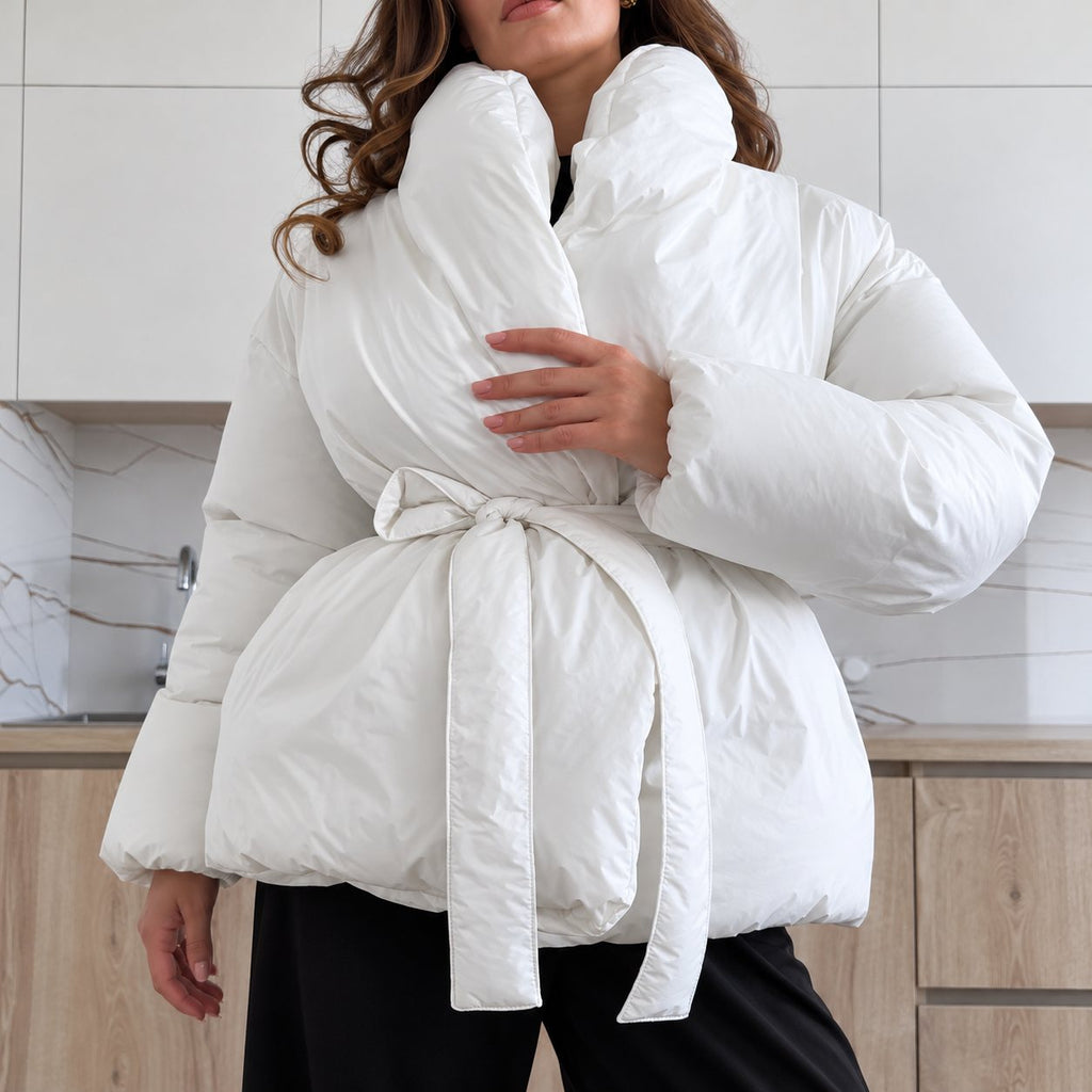 Prešívaná bunda PUFFER s opaskom – mliečna