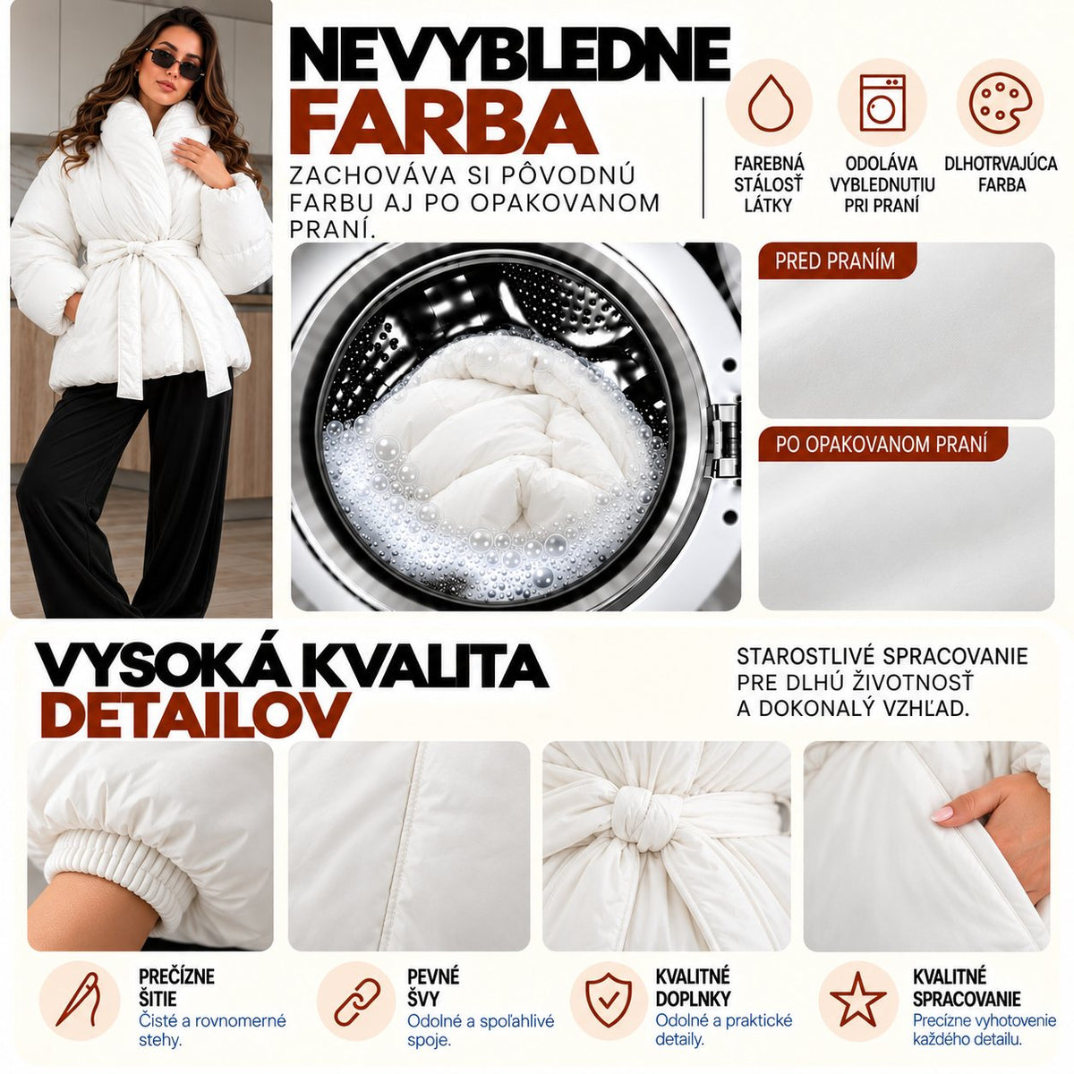 Prešívaná bunda PUFFER s opaskom – mliečna