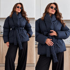 Prešívaná bunda PUFFER s opaskom – tmavomodrá