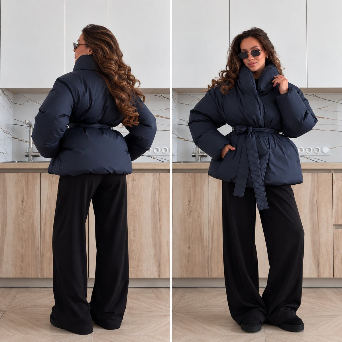 Prešívaná bunda PUFFER s opaskom – tmavomodrá