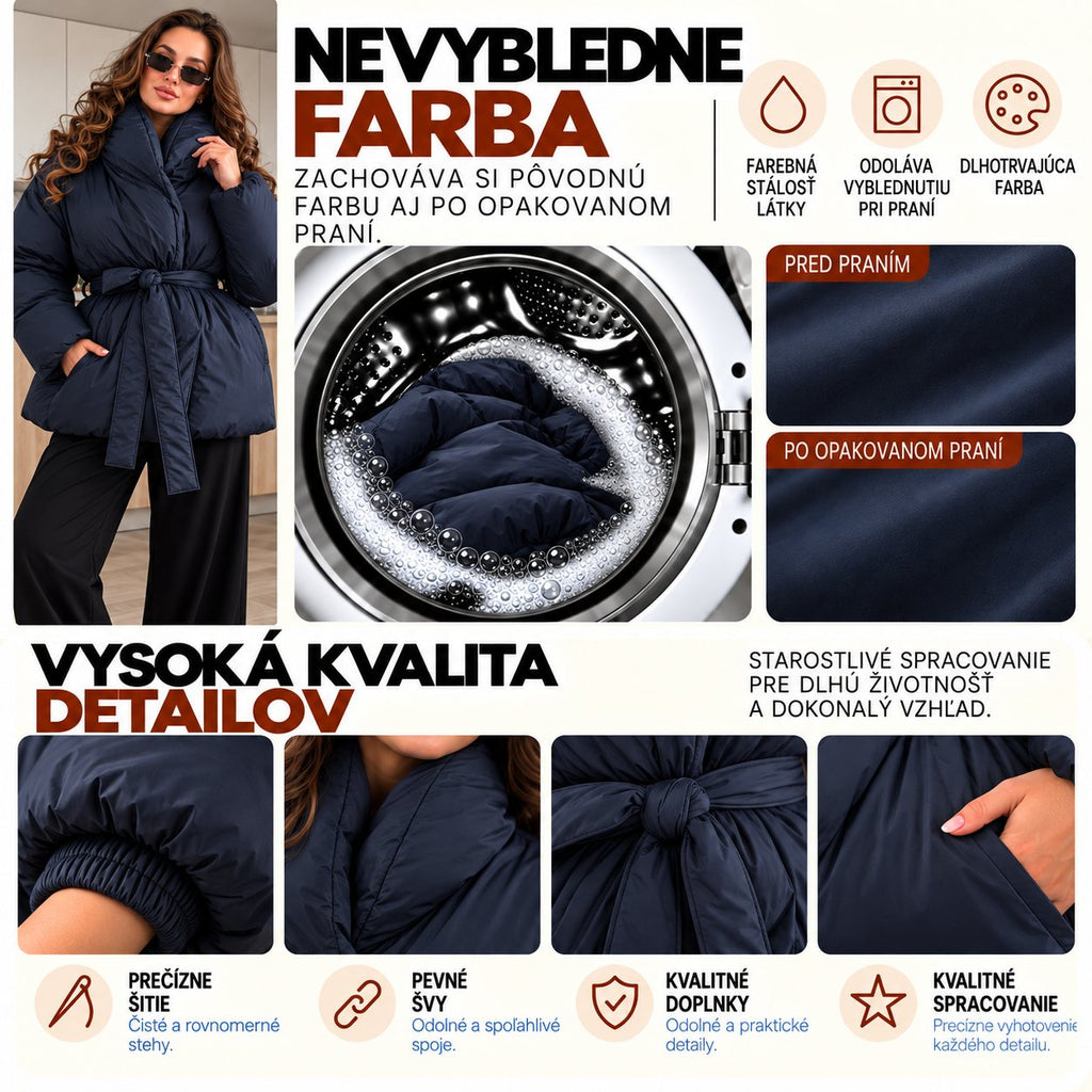 Prešívaná bunda PUFFER s opaskom – tmavomodrá