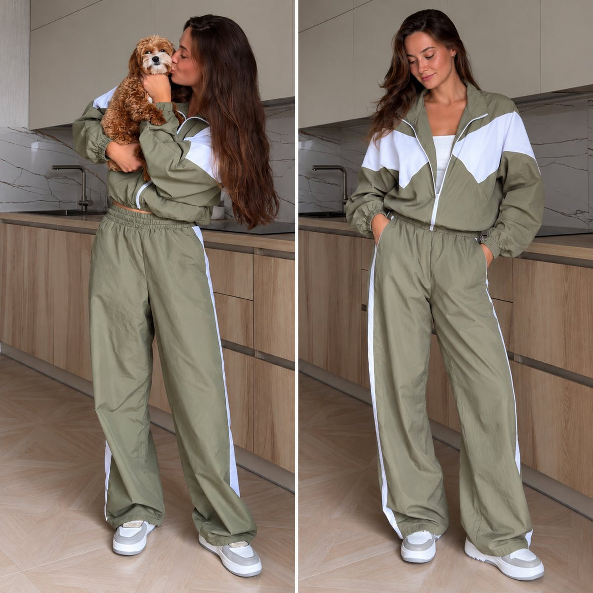Súprava RETRO s kontrastnými vsadkami – khaki-biela